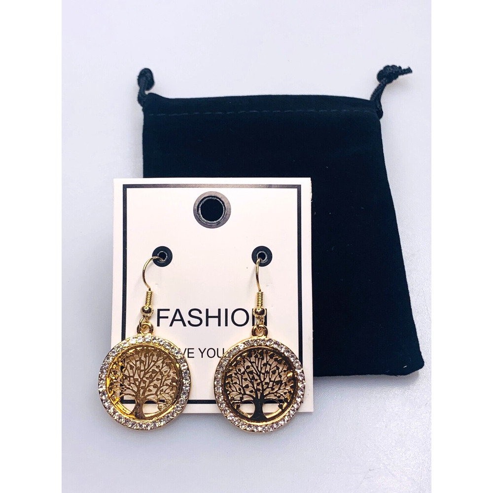 Fashion Love You Love Tree Gold Tone Rhinestone Dangle Earrings